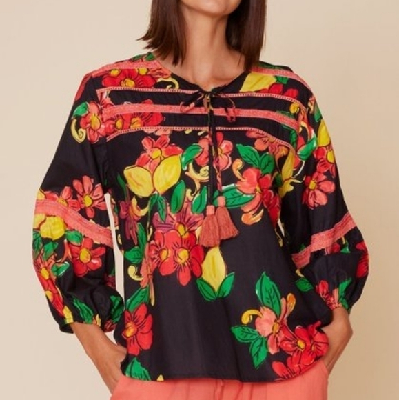ModaPosa Black & Red Citrus Floral Leola Puff-Sleeve Top Shirt - Picture 2 of 12